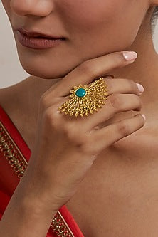 Gold Plated Pearl & Synthetic Emerald Stone Enamelled Ring