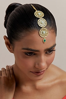 Gold Plated Pearl & Stone Enamelled Maangtikka