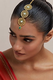 Gold Plated Pearl & Stone Enamelled Maangtikka