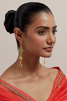 Gold Plated Pearl & Synthetic Emerald Stone Enamelled Dangler Earrings