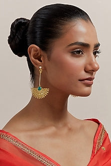 Gold Plated Pearl & Synthetic Emerald Stone Enamelled Dangler Earrings