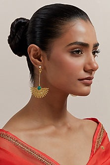 Gold Plated Pearl & Synthetic Emerald Stone Enamelled Dangler Earrings