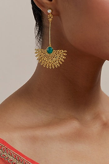 Gold Plated Pearl & Synthetic Emerald Stone Enamelled Dangler Earrings