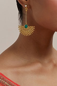 Gold Plated Pearl & Synthetic Emerald Stone Enamelled Dangler Earrings