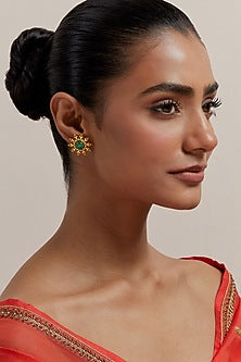 Gold Plated Pearl & Synthetic Emerald Stone Enamelled Stud Earrings