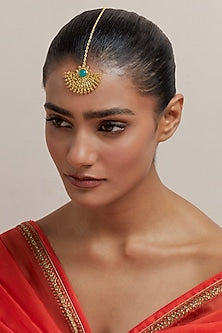 Gold Plated Pearl & Synthetic Emerald Stone Enamelled Maangtikka