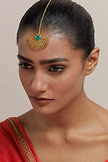Gold Plated Pearl & Synthetic Emerald Stone Enamelled Maangtikka