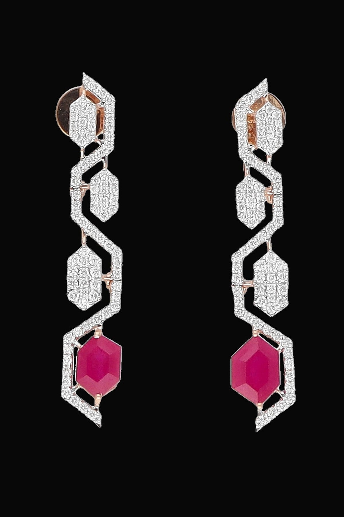 White Gold Finish Diamond & Ruby Stone Dangler Earrings