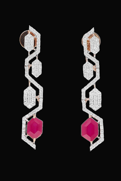 White Gold Finish Diamond & Ruby Stone Dangler Earrings