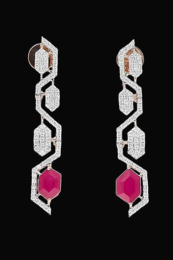 White Gold Finish Diamond & Ruby Stone Dangler Earrings