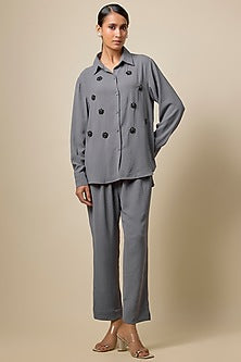 Grey Viscose Blend Brooch Embroidered Co-Ord Set