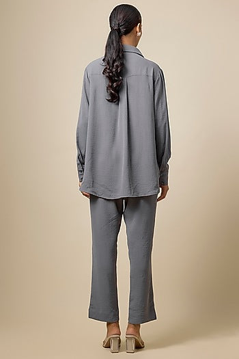 Grey Viscose Blend Brooch Embroidered Co-Ord Set