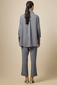Grey Viscose Blend Brooch Embroidered Co-Ord Set