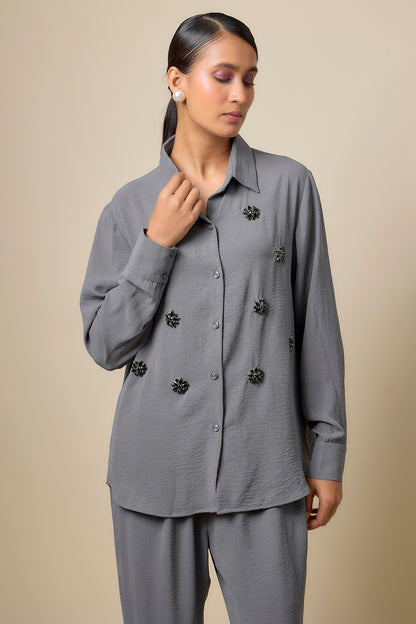 Grey Viscose Blend Brooch Embroidered Co-Ord Set
