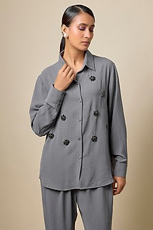 Grey Viscose Blend Brooch Embroidered Co-Ord Set