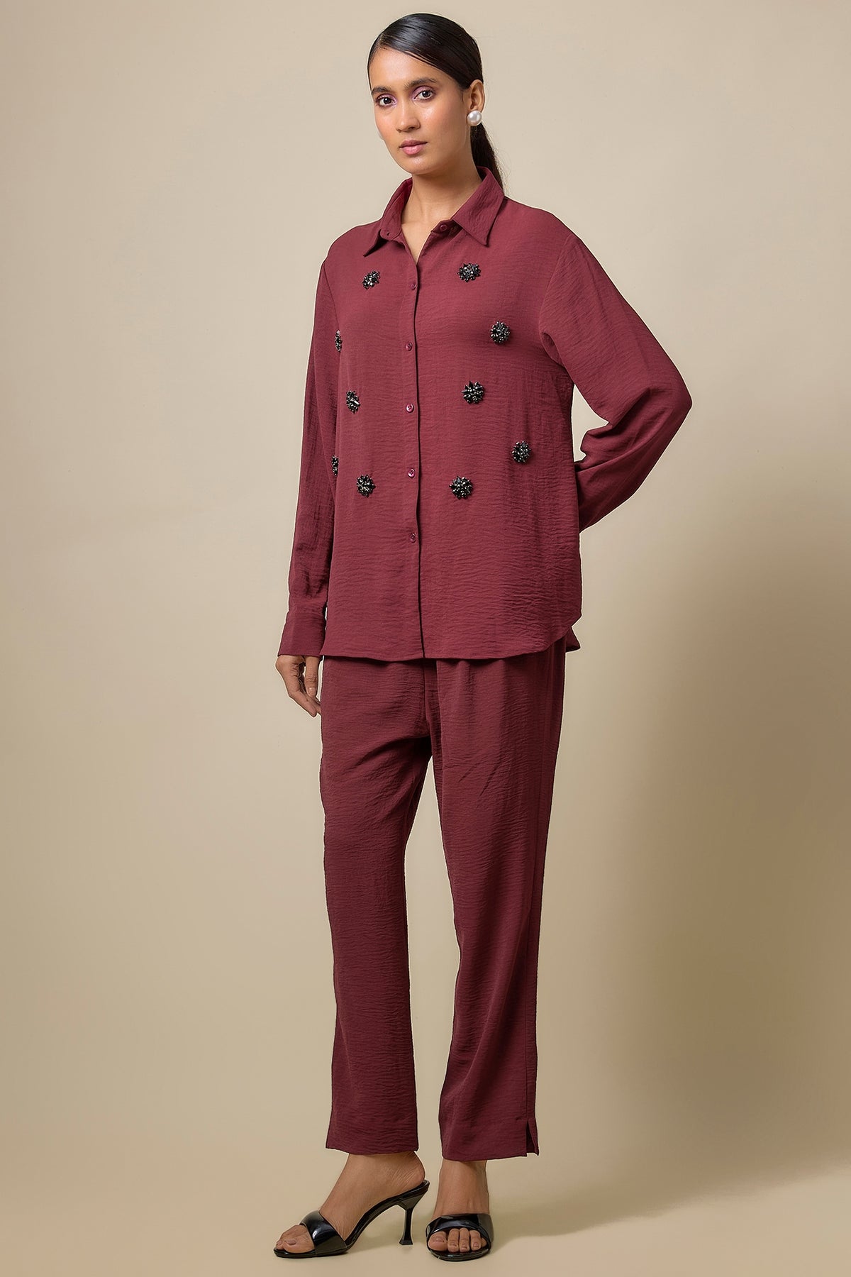 Maroon Viscose Blend Brooch Embroidered Co-Ord Set