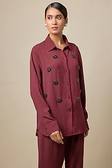 Maroon Viscose Blend Brooch Embroidered Co-Ord Set