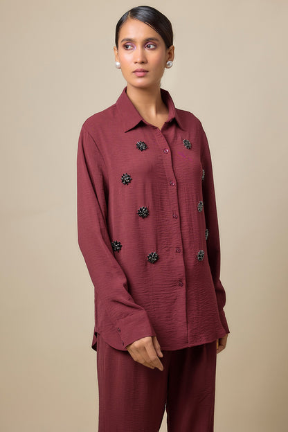Maroon Viscose Blend Brooch Embroidered Co-Ord Set