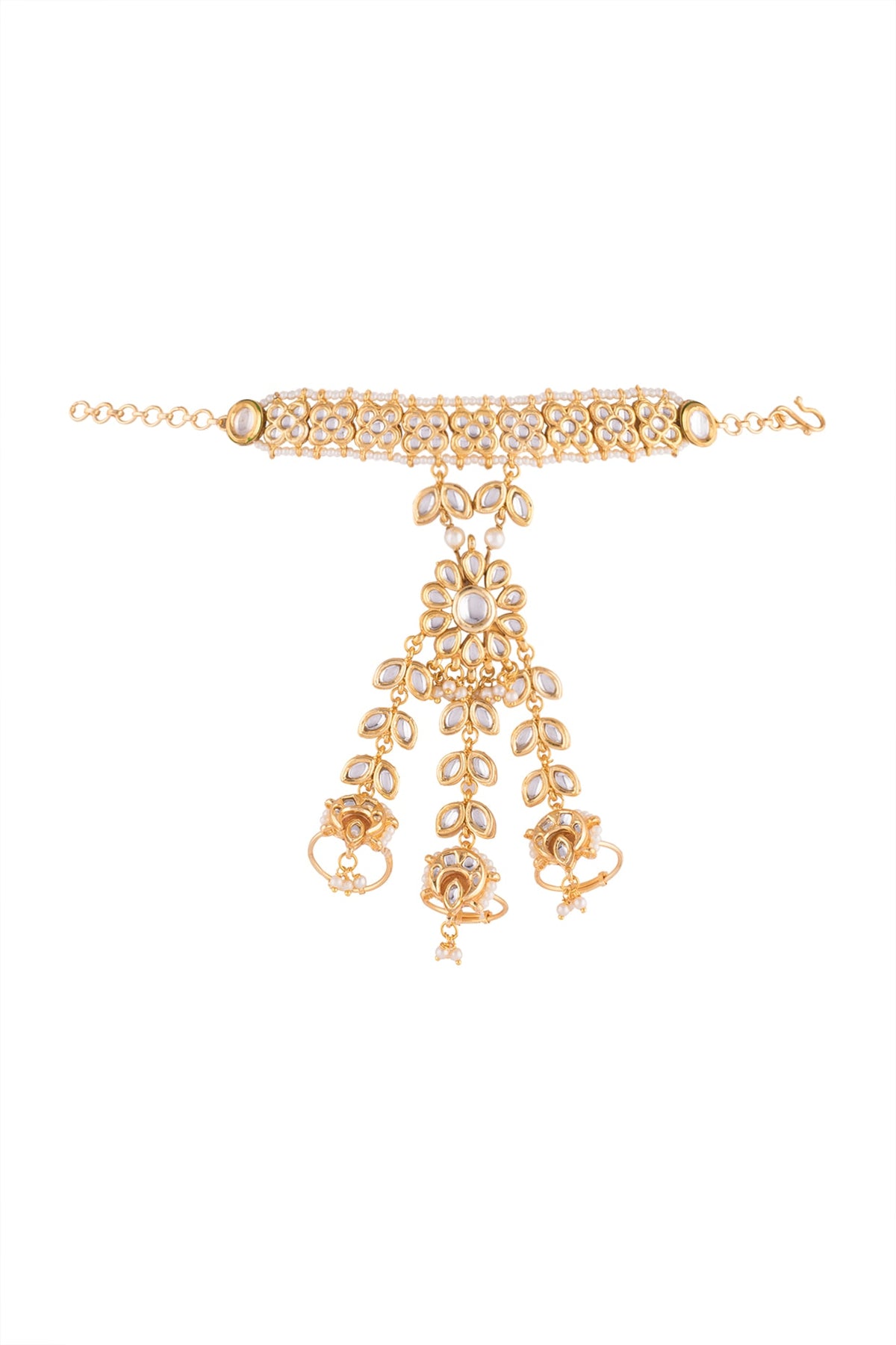 Gold Plated Kundan Three Finger Hathphool