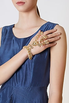 Gold Plated Kundan Three Finger Hathphool