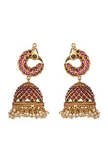 Gold Plated Ruby Peacock Earrings
