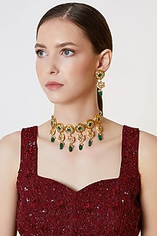 Gold Plated Emerald Choker Necklace Set