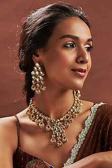 Gold Plated Kundan Polki & Pink Stone Long Necklace Set