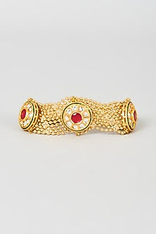 Gold Plated Kundan Polki & Red Stone Jaal Bracelet