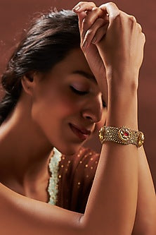 Gold Plated Kundan Polki & Red Stone Jaal Bracelet