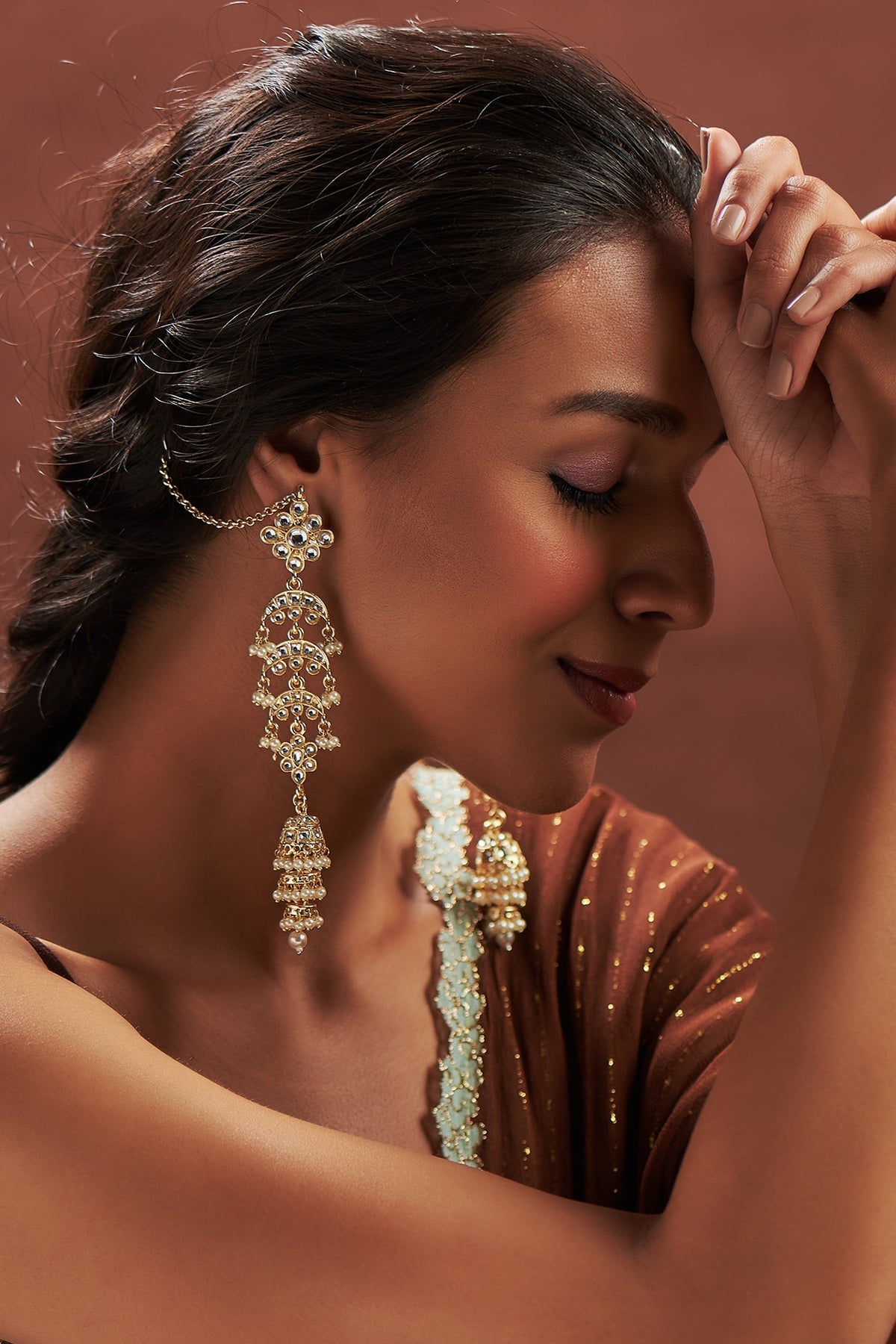 Gold Plated Kundan Polki & Pearl Dangler Earrings
