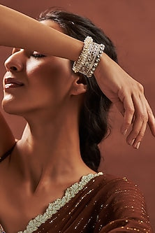 Silver Rhodium Finish Kundan Polki & Cluster Pearl Kada