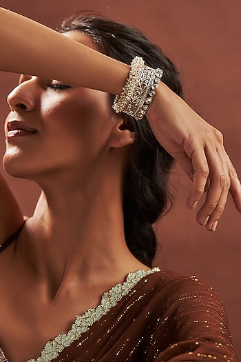 Silver Rhodium Finish Kundan Polki & Cluster Pearl Kada