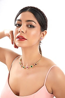 Gold Plated Kundan Polki & Multi-Colored Stone Hasli Choker Necklace Set