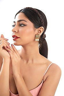 Gold Plated Synthetic Stone & Pearl Stud Earrings