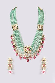 Gold Plated Kundan Polki Beaded Necklace Set