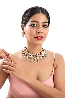 Gold Plated Kundan Polki & Beaded Choker Necklace Set