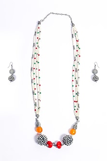 Black Rhodium Finish Multi-Colored Beaded & Pearl Long Necklace Set