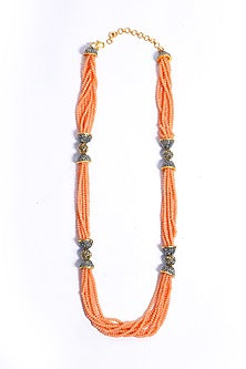Gold Finish Kundan Polki & Peach Uncut Beaded Long Necklace