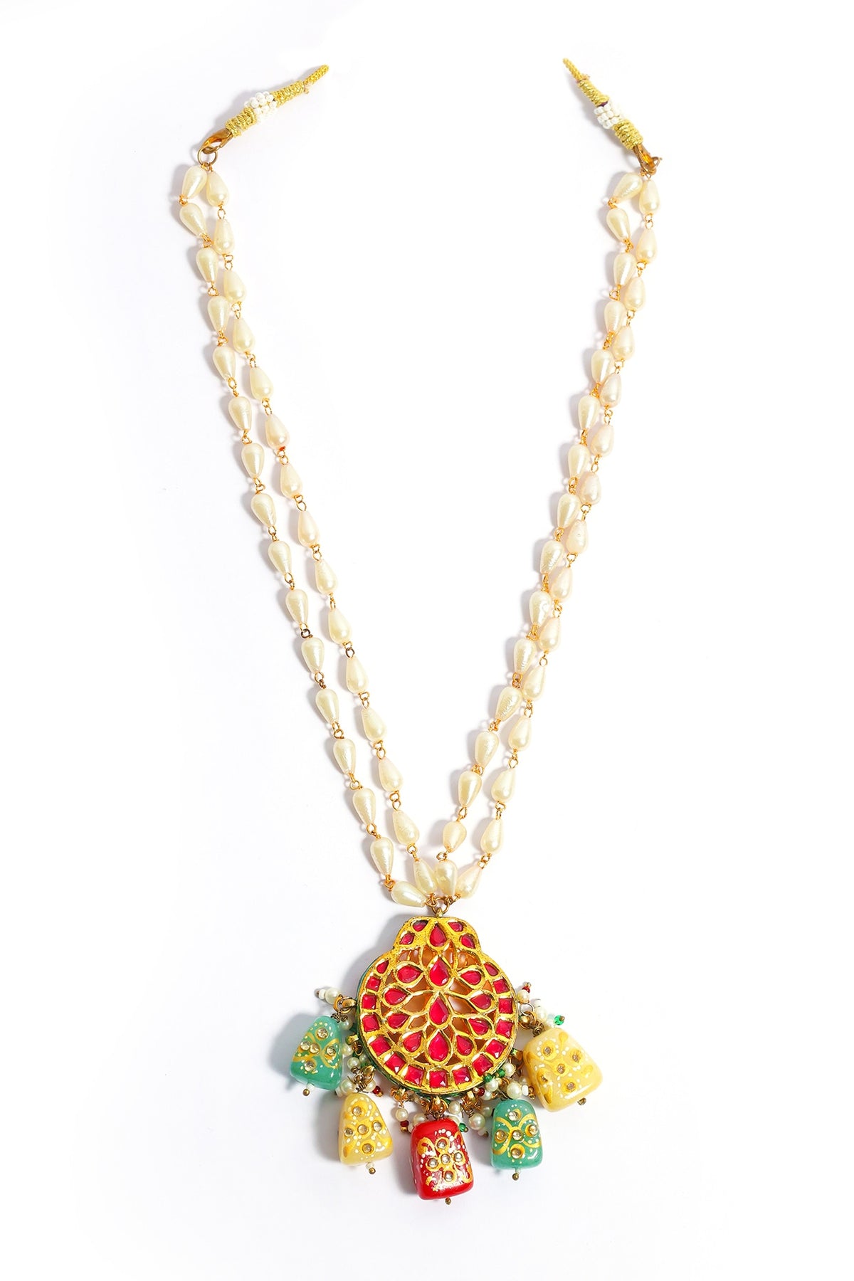Gold Plated Kundan Polki & Hand Painted Beaded Chand Pendant Necklace