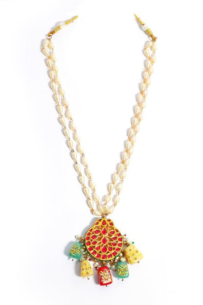 Gold Plated Kundan Polki & Hand Painted Beaded Chand Pendant Necklace