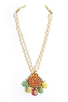 Gold Plated Kundan Polki & Hand Painted Beaded Chand Pendant Necklace