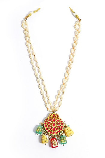 Gold Plated Kundan Polki & Hand Painted Beaded Chand Pendant Necklace