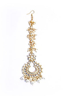 Matte Gold Finish Kundan Polki & Pearl Floral Maangtikka
