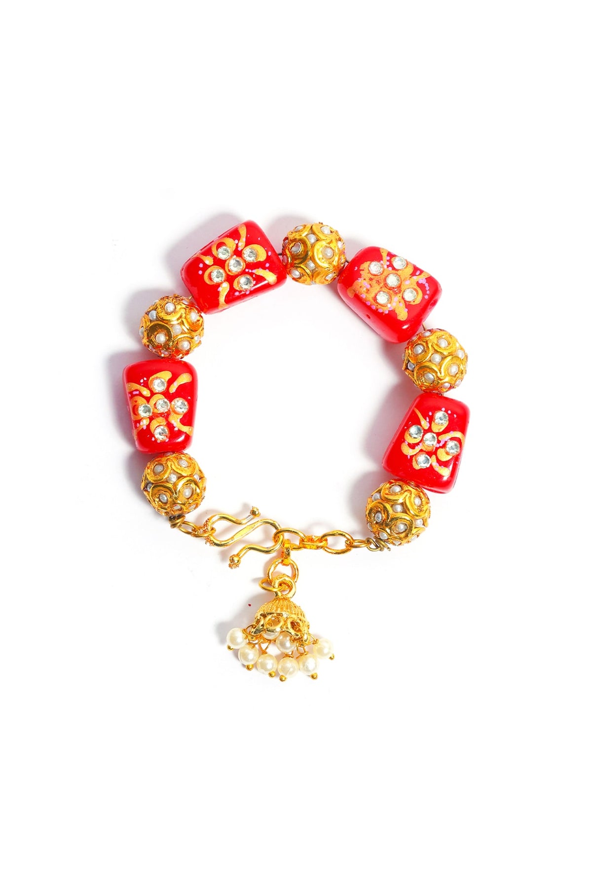 Gold Finish Kundan Polki & Tomato Red Stone Bracelet
