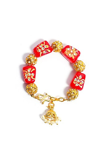 Gold Finish Kundan Polki & Tomato Red Stone Bracelet
