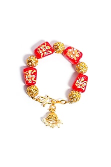 Gold Finish Kundan Polki & Tomato Red Stone Bracelet