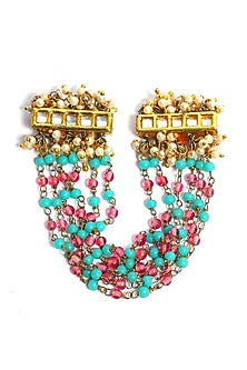 Gold Plated Kundan Polki & Multi-Colored Pearl Two Finger Ring