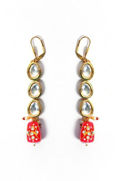 Gold Plated Kundan Polki & Handpainted Beaded Dangler Earrings