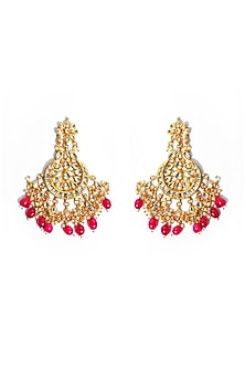 Gold Plated Kundan Polki & Ruby Beaded Chandbaali Earrings