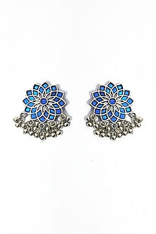 Oxidised Finish Enamelled Floral Dangler Earrings